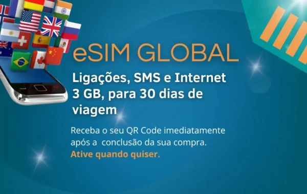 eSIM Global 3 GB, Ligações e SMS Para 30 Dias de Viagem